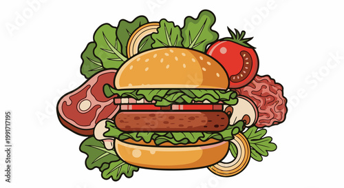 A colorful illustration of a burger with fresh ingredients and raw meat
