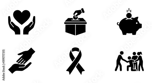 Charity and donation icon set, black solid vector symbols for non-profit organizations, 6 philanthropy and community support elements for web design