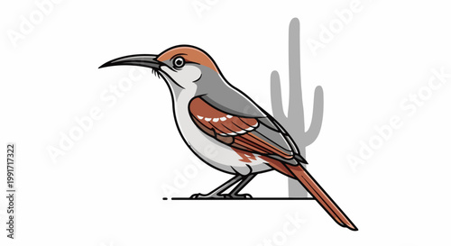 A cartoon bird with a long beak stands beside a saguaro cactus silhouette