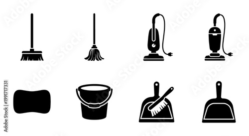 Cleaning service icons set, black silhouette housekeeping equipment collection, vacuum cleaner and broom vector illustrations, 8 professional janitorial tools
