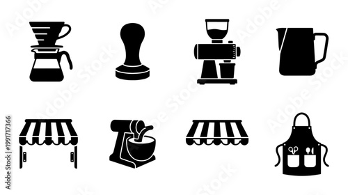 Professional coffee shop equipment icons, set of 8 black barista tool silhouettes, espresso machine and cafe accessories vector collection
