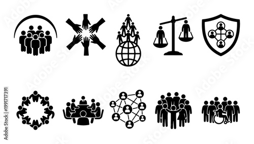 Human resources icons set, business community and teamwork symbols, 10 black vector silhouettes for corporate networking and social inclusion