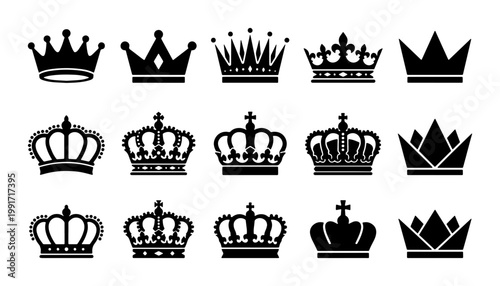Royal crown silhouette collection, 15 black king and queen crown icons, heraldic imperial tiara symbols, luxury monarch headwear vector set