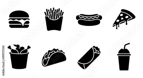 Fast food icon set with 8 black silhouettes, junk food meal collection including burger and pizza, takeaway restaurant menu symbols on white background