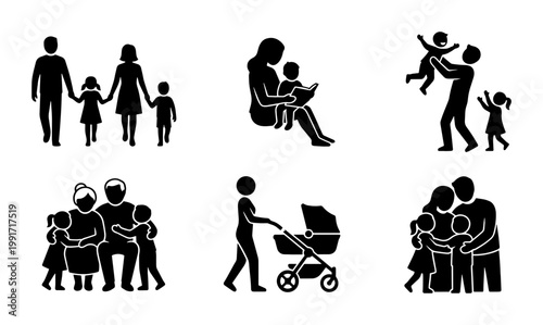 Family silhouette icon set, black flat vector people symbols, parents and children collection, diverse household life activities and parenting illustrations