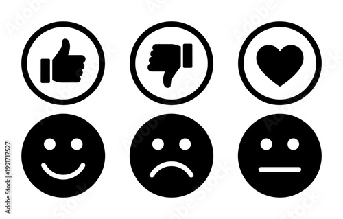 Minimalist social media reaction icons, black and white feedback emoji set, thumbs up and heart symbols, customer satisfaction rating vector