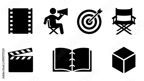 Cinema production icons set, black movie industry vector symbols, film making equipment and storytelling elements for media apps