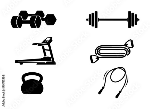 Fitness gym equipment icons set, black silhouette workout tools, 6 vector elements including dumbbells, barbell, treadmill, kettlebell, and jump rope