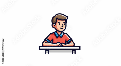 A boy with brown hair in a red shirt sits at a desk, hands clasped