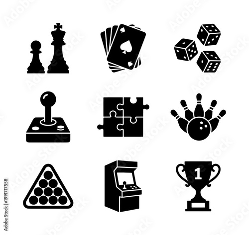 Gaming and entertainment icon set, 9 black vector symbols for leisure and competition, flat game elements for hobby and recreation apps