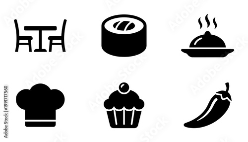 Minimalist restaurant icon set, black solid food and dining symbols, 6 vector elements for menu design and culinary branding