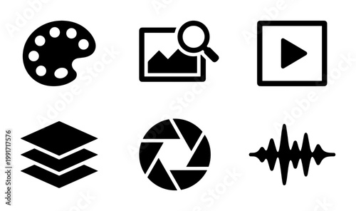 Minimalist multimedia icons set, black solid vector symbols for creative design, professional photography and video editing interface elements
