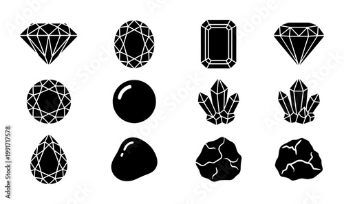 Black diamond and gemstone icons set, 12 vector jewelry elements, faceted crystal and mineral stone silhouettes for luxury branding