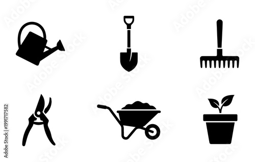 Gardening tools icon set, black silhouette garden equipment collection, flat vector illustration of shovel rake and watering can icons