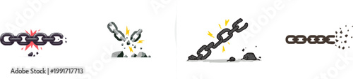 A heavy metal chain snaps under tension, metallic grey fragments and sparks illustrating a break in control or constraint