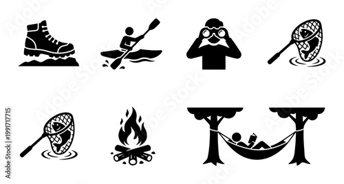 Outdoor camping and hiking icons set, black silhouette adventure symbols, 8 vector elements for nature recreation and summer forest activities