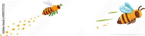 A flat vector illustration depicts a honeybee taking off, leaving behind a trail of tiny yellow pollen dots and wing blur lines in a minimalist 2D design with solid warm colors