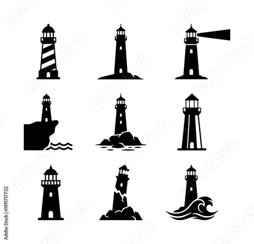 Lighthouse icon set with 9 black vector silhouettes, nautical beacon symbols for maritime navigation, coastal tower illustrations on white background
