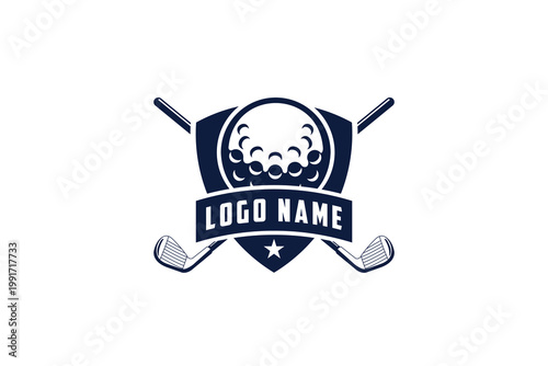 Vintage golf skull shield logo design with crossed clubs
