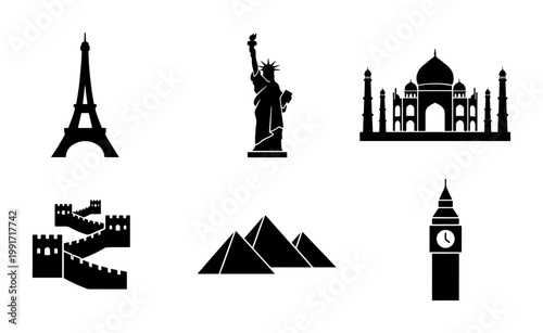World landmark icons set, black silhouette travel monuments vector, global tourism attractions collection, famous architectural wonders for map design