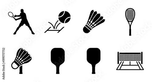Racket sports icon set with 8 vector elements, tennis and badminton equipment symbols, pickleball paddle and shuttlecock graphics for athletic branding