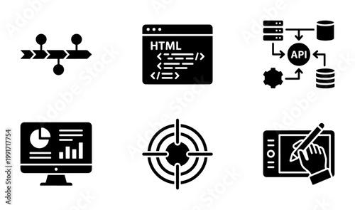 Web development and software engineering icons, 6 black solid vector symbols, HTML coding and API integration graphics, digital marketing and design tools