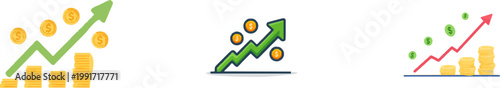A flat vector illustration of a growth graph with an upward arrow and flying money coins in muted green and tan colors represents the concept of financial growth and success