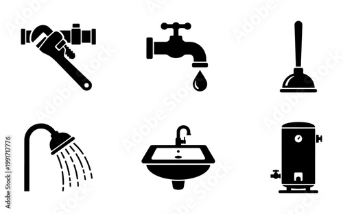 Plumbing service icon set with 6 black vector symbols, professional sanitary equipment icons, bathroom fixture and maintenance tool collection