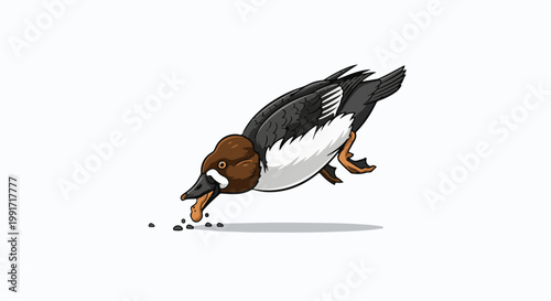 A cartoon duck with brown and white feathers, black wings, and orange feet is foraging for food