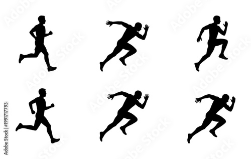 Running man silhouette set, athletic male sprinter vector icons, collection of 6 jogging and racing poses for sports design