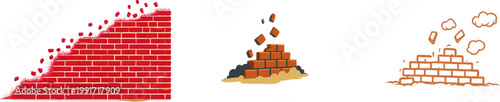 A minimalist illustration of a collapsing brick wall in red, conveying destruction or failure through its clean geometric design and isolated presentation against a white background