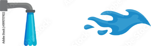 A minimalist flat vector illustration depicts a clean blue water jet emerging from a faucet, showcasing solid blue tones and clean parallel lines in a cartoon liquid stream design