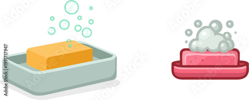 A minimalist flat vector illustration depicts a ceramic soap dish with an orange bar of soap and several bubbles rising from it, set against a muted pink and white background