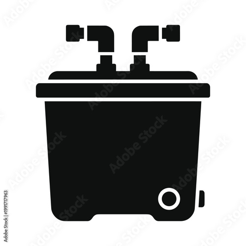 Black silhouette of a hydroponic nutrient reservoir with two elbow connectors and a circular detail