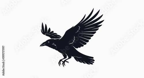 A black silhouette of a raven with wings spread, captured mid-flight against a white background