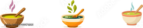 A minimalist, flat vector illustration of a terracotta bowl filled with steaming green soup, accented by a wooden spoon, set against a clean white background
