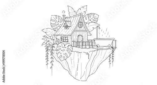 Whimsical floating island home with outdoor bathtub amidst lush foliage