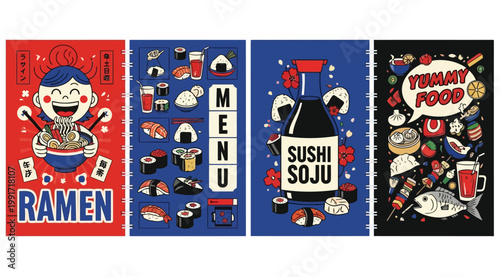 Set of japanese food menu covers with ramen, sushi, and various asian dishes in a colorful pop art style