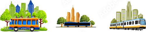 In this eco city concept, a vibrant orange bus with blue windows travels through lush parks flanked by green trees, symbolizing sustainable urban living amidst modern skyscrapers in mustard yellow