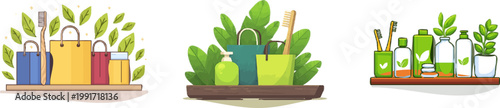A minimalist illustration of eco-friendly products in a bamboo toothbrush, reusable bags, and leaves, set against a sage green palette with a flat vector graphic style