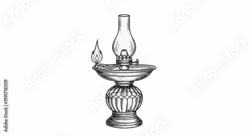 Vintage oil lamp with a lit flame, glass chimney, and ornate base