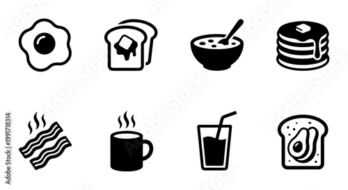 Minimalist breakfast food icon set, black solid vector symbols of morning meal items, 8 flat icons for restaurant menus and cafe branding