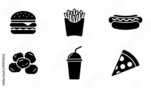 Minimalist fast food icon set, black solid vector silhouettes of burger and fries, 6 takeaway meal elements for restaurant menu design