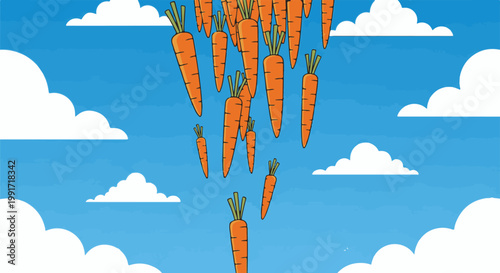 A cascade of orange carrots falls from a bright blue sky with fluffy white clouds