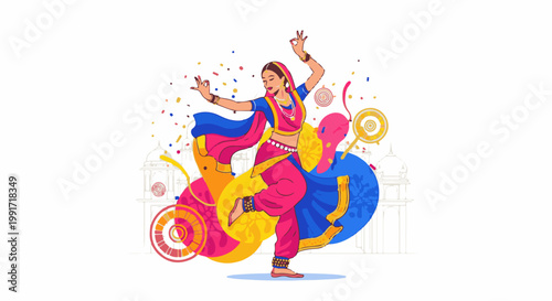Vibrant Indian dancer in colorful attire, mid-performance