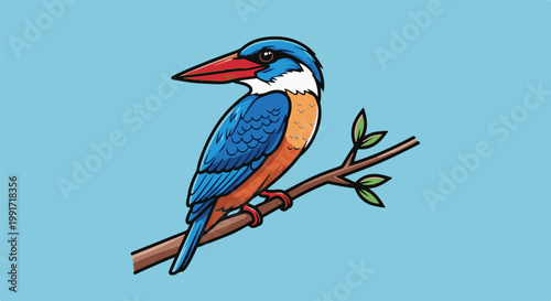 Vibrant kingfisher with red beak perched on a branch
