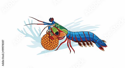 Vibrant mantis shrimp carries a cluster of orange eggs, with coral in background