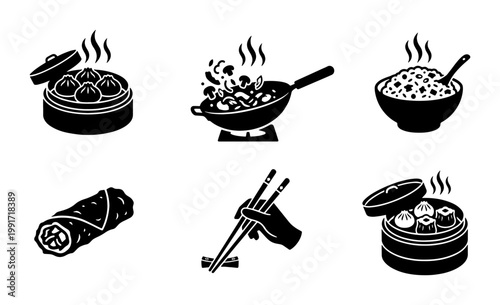 Asian food icons set, black and white Chinese cuisine vector illustrations, dim sum bamboo steamer and wok stir fry graphics, 6 restaurant menu elements