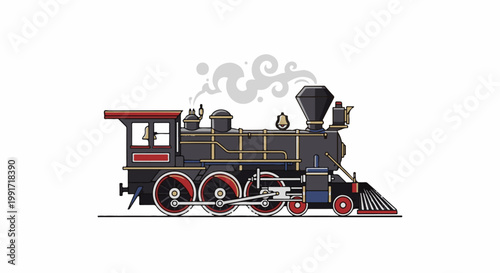 Vintage steam locomotive with red accents and smoke plumes on white background