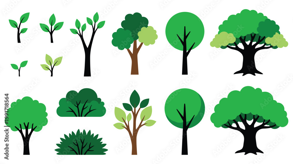 Fototapeta premium Diverse green tree and bush flat vector icons for environment design.